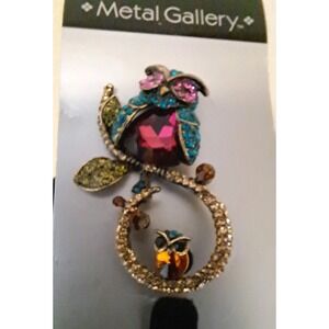 2019 Metal Gallery NOC Jeweled Owl on Branch with Baby Brooch/Pin 2 1/2" Tall